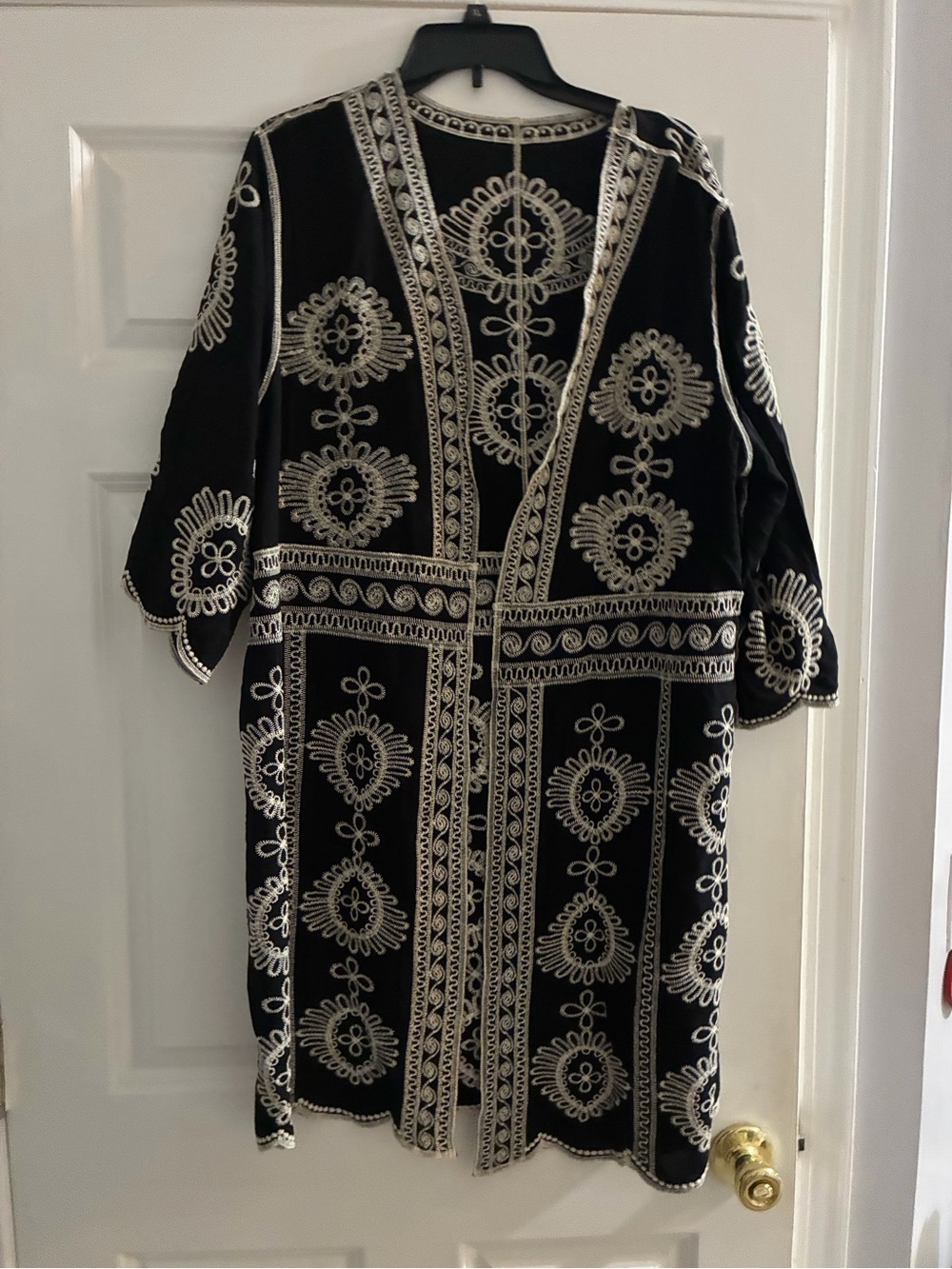 Stunning Black Embroidered V-Neck Women's Long Duster OS